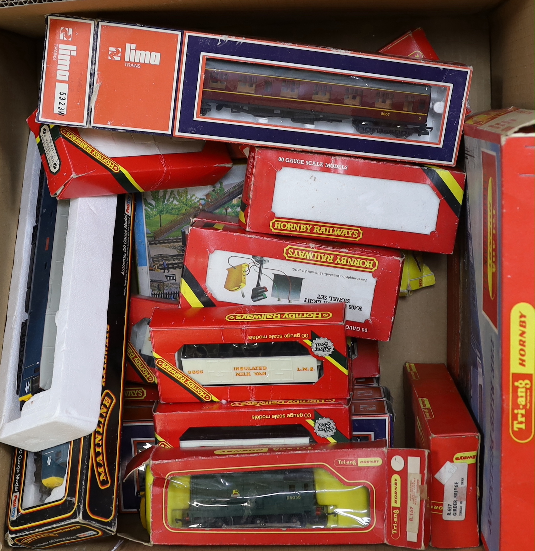 Two boxes of 00 gauge model railway by Hornby Railways, Mainline, Lima, Tri-ang, etc.